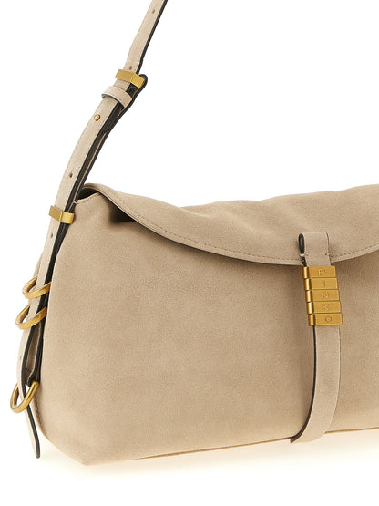 Shoulder Saddle Bag by PINKO for women in faux leather & cotton beige features an effortlessly chic silhouette with a secure flap & magnetic, ample , and versatile shoulder-strap & adjustable-strap for effortlessly chic everyday luxury.