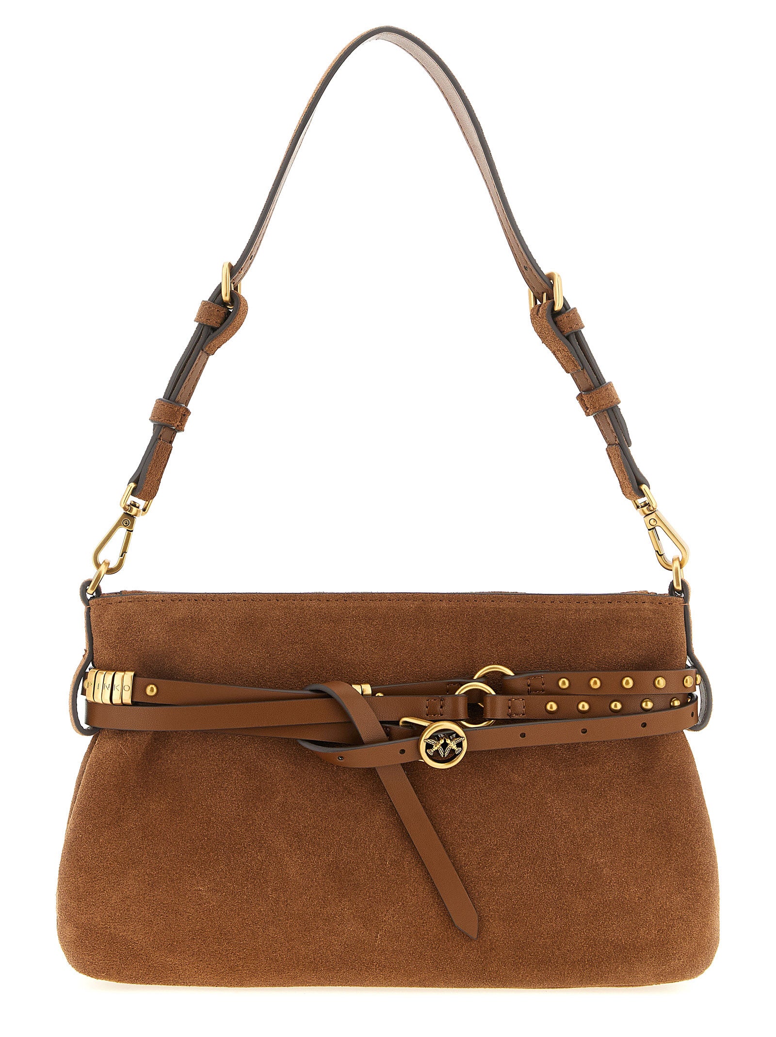 Small Shoulder Bag by PINKO for women in polyester & cotton brown showcases a statuesque silhouette, artfully detailed with a secure buckle, organized , and versatile shoulder-strap, adjustable-strap, belt-strap & handle for a statuesque look.