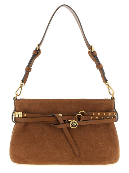 Small Shoulder Bag by PINKO for women in polyester & cotton brown showcases a statuesque silhouette, artfully detailed with a secure buckle, organized , and versatile shoulder-strap, adjustable-strap, belt-strap & handle for a statuesque look.