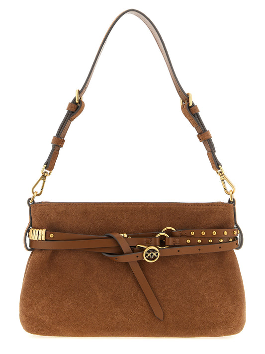 Small Shoulder Bag by PINKO for women in polyester & cotton brown showcases a statuesque silhouette, artfully detailed with a secure buckle, organized , and versatile shoulder-strap, adjustable-strap, belt-strap & handle for a statuesque look.