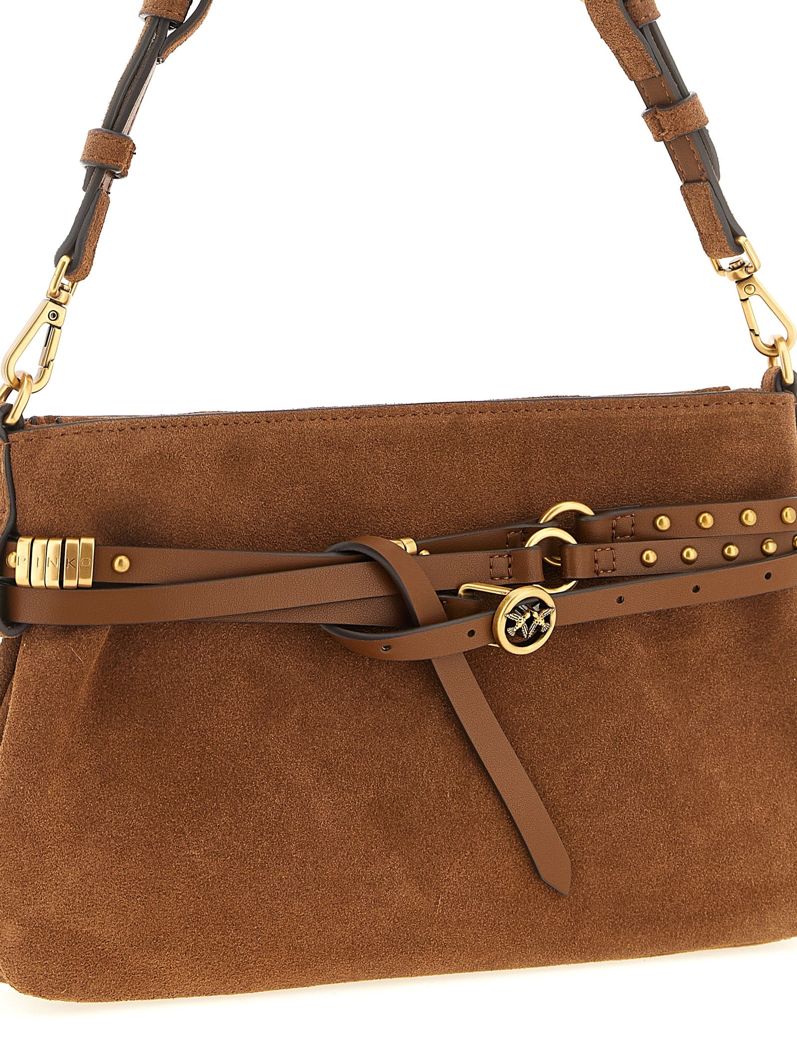 Small Shoulder Bag by PINKO for women in polyester & cotton brown features an effortlessly chic silhouette with a secure buckle, ample , and versatile shoulder-strap, adjustable-strap, belt-strap & handle for effortlessly chic everyday luxury.