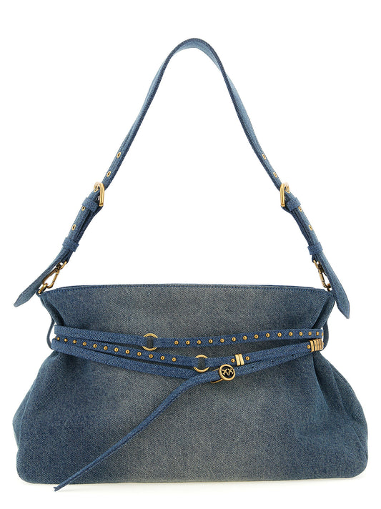 Shoulder Bag by PINKO for women in stretch denim cotton & faux leather blue presents a statuesque silhouette, showcasing a secure zipper & buckle and statuesque with versatile shoulder-strap, adjustable-strap, belt-strap & handle for a sophisticated look.