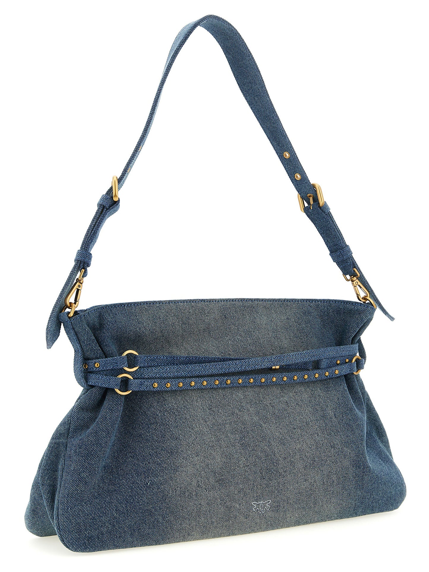 Shoulder Bag by PINKO for women in stretch denim cotton & faux leather blue features a stately silhouette, showcasing a secure zipper & buckle, ample , and stately shoulder-strap, adjustable-strap, belt-strap & handle for a stately finish.