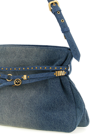 Shoulder Bag by PINKO for women in stretch denim cotton & faux leather blue features a effortless chic silhouette with a secure zipper & buckle, ample , and versatile shoulder-strap, adjustable-strap, belt-strap & handle for a effortless chic finish.