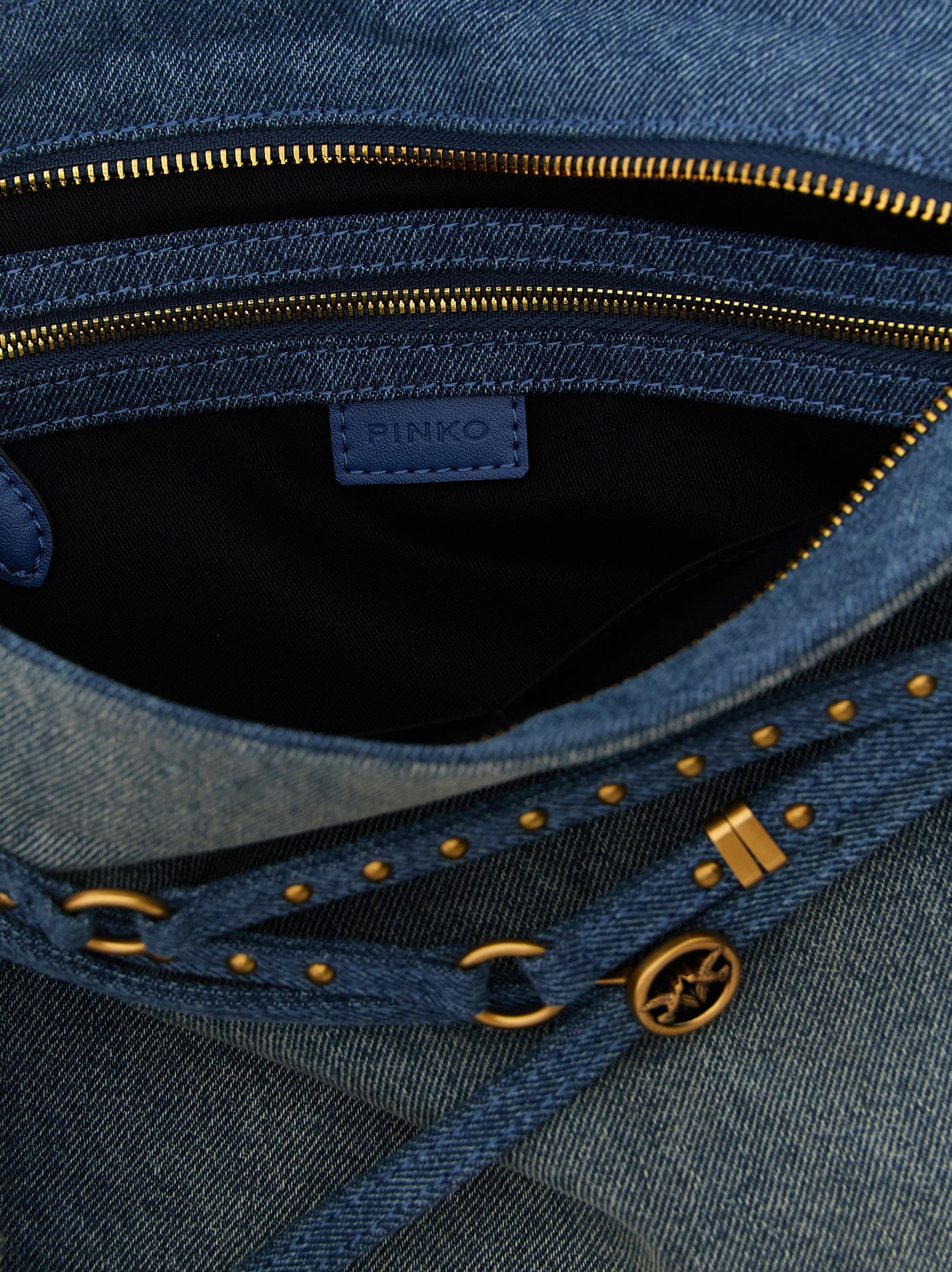Shoulder Bag by PINKO for women in stretch denim cotton & faux leather blue features a statuesque silhouette, showcasing a secure zipper & buckle and statuesque with versatile shoulder-strap, adjustable-strap, belt-strap & handle for a statuesque finish.