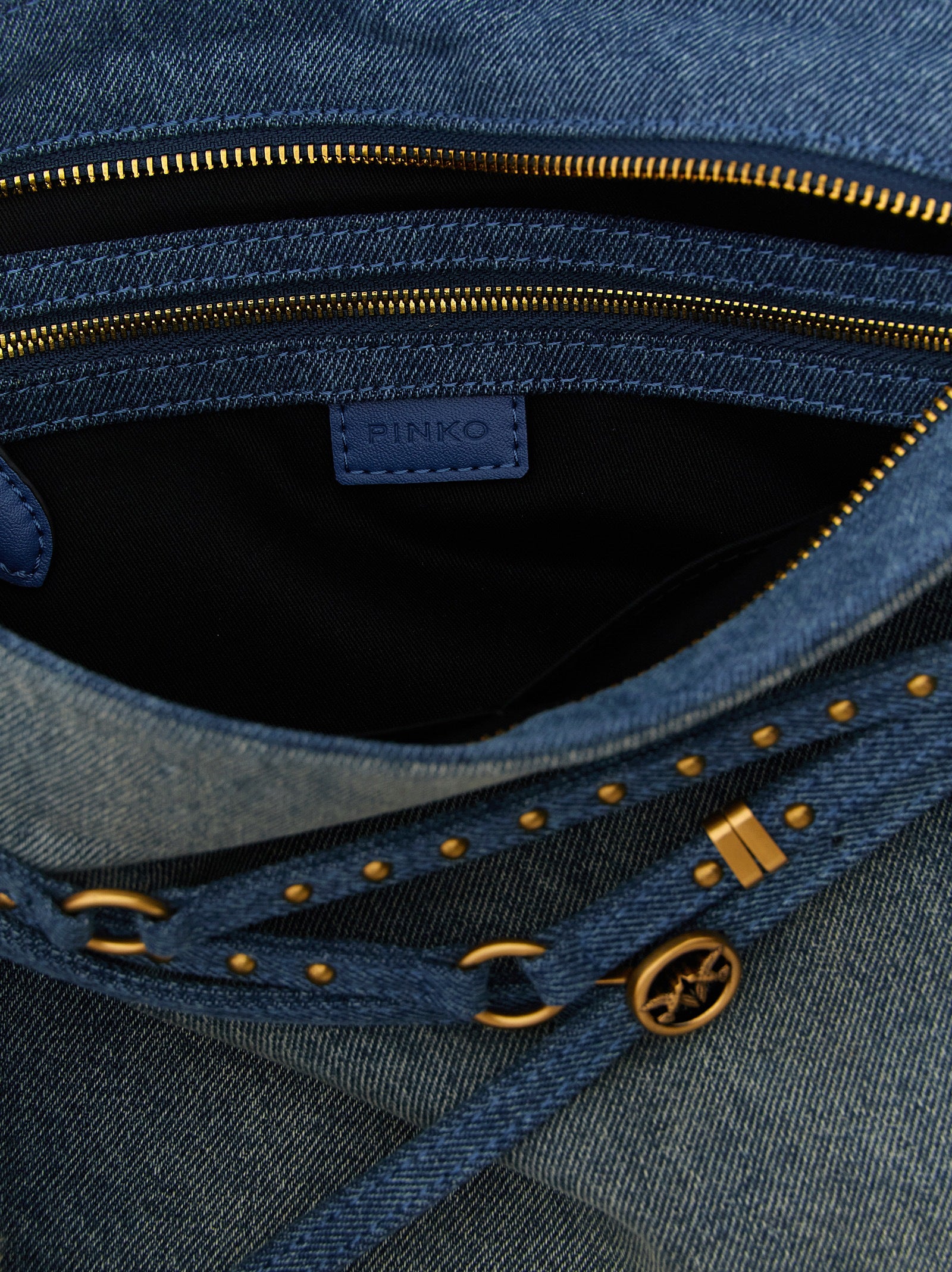 Shoulder Bag by PINKO for women in stretch denim cotton & faux leather blue features a statuesque silhouette, showcasing a secure zipper & buckle and statuesque with versatile shoulder-strap, adjustable-strap, belt-strap & handle for a statuesque finish.