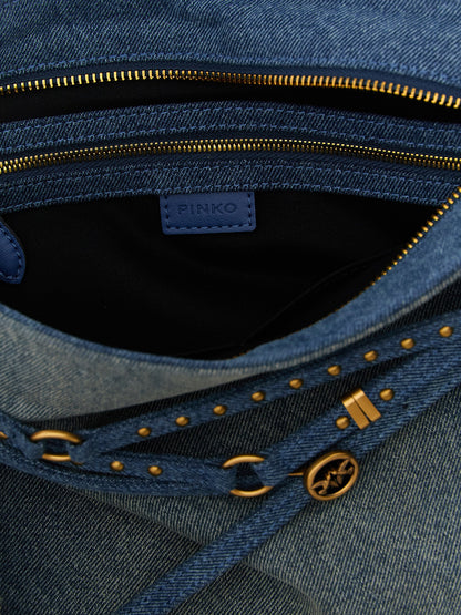 Shoulder Bag by PINKO for women in stretch denim cotton & faux leather blue features a statuesque silhouette, showcasing a secure zipper & buckle and statuesque with versatile shoulder-strap, adjustable-strap, belt-strap & handle for a statuesque finish.