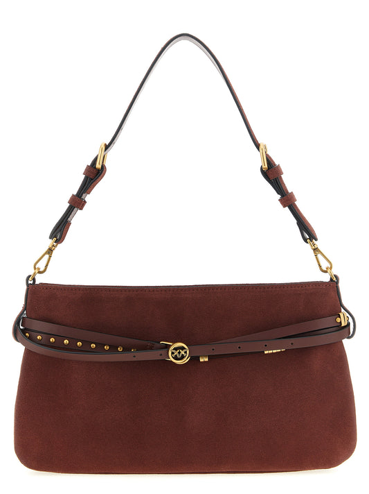 Medium Shoulder Bag by PINKO for women in leather & metal bordeaux showcases a statuesque silhouette, artfully detailed with a secure zipper & buckle, organized , and versatile shoulder-strap, adjustable-strap & belt-strap for a statuesque look.