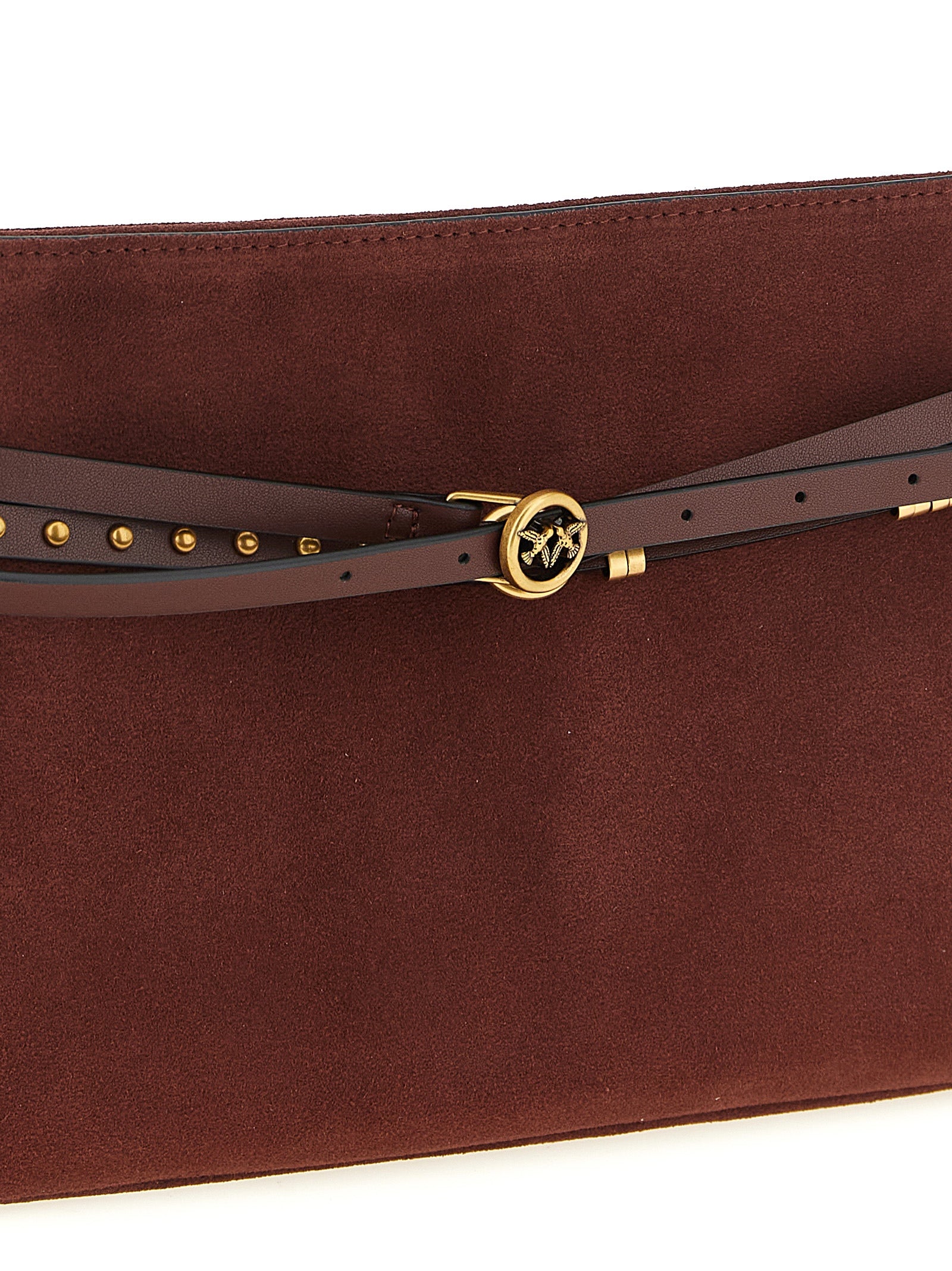 Medium Shoulder Bag by PINKO for women in leather & metal bordeaux features a stately silhouette, showcasing a secure zipper & buckle, ample , and stately shoulder-strap, adjustable-strap & belt-strap for a stately finish.