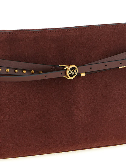 Medium Shoulder Bag by PINKO for women in leather & metal bordeaux features a stately silhouette, showcasing a secure zipper & buckle, ample , and stately shoulder-strap, adjustable-strap & belt-strap for a stately finish.