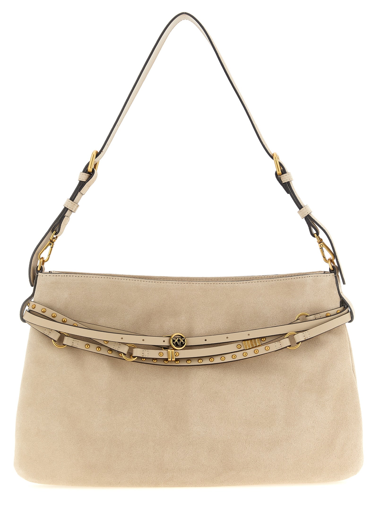 Shoulder Bag by PINKO for women in bos taurus calf suede leather beige features a stately silhouette, showcasing a secure zipper & buckle, ample , and stately shoulder-strap, adjustable-strap, belt-strap & handle for a stately finish.