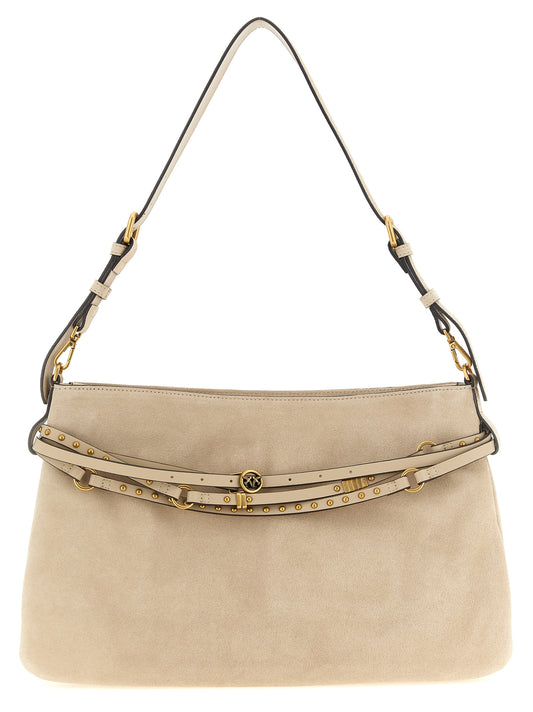 Shoulder Bag by PINKO for women in bos taurus calf suede leather beige features a stately silhouette, showcasing a secure zipper & buckle, ample , and stately shoulder-strap, adjustable-strap, belt-strap & handle for a stately finish.