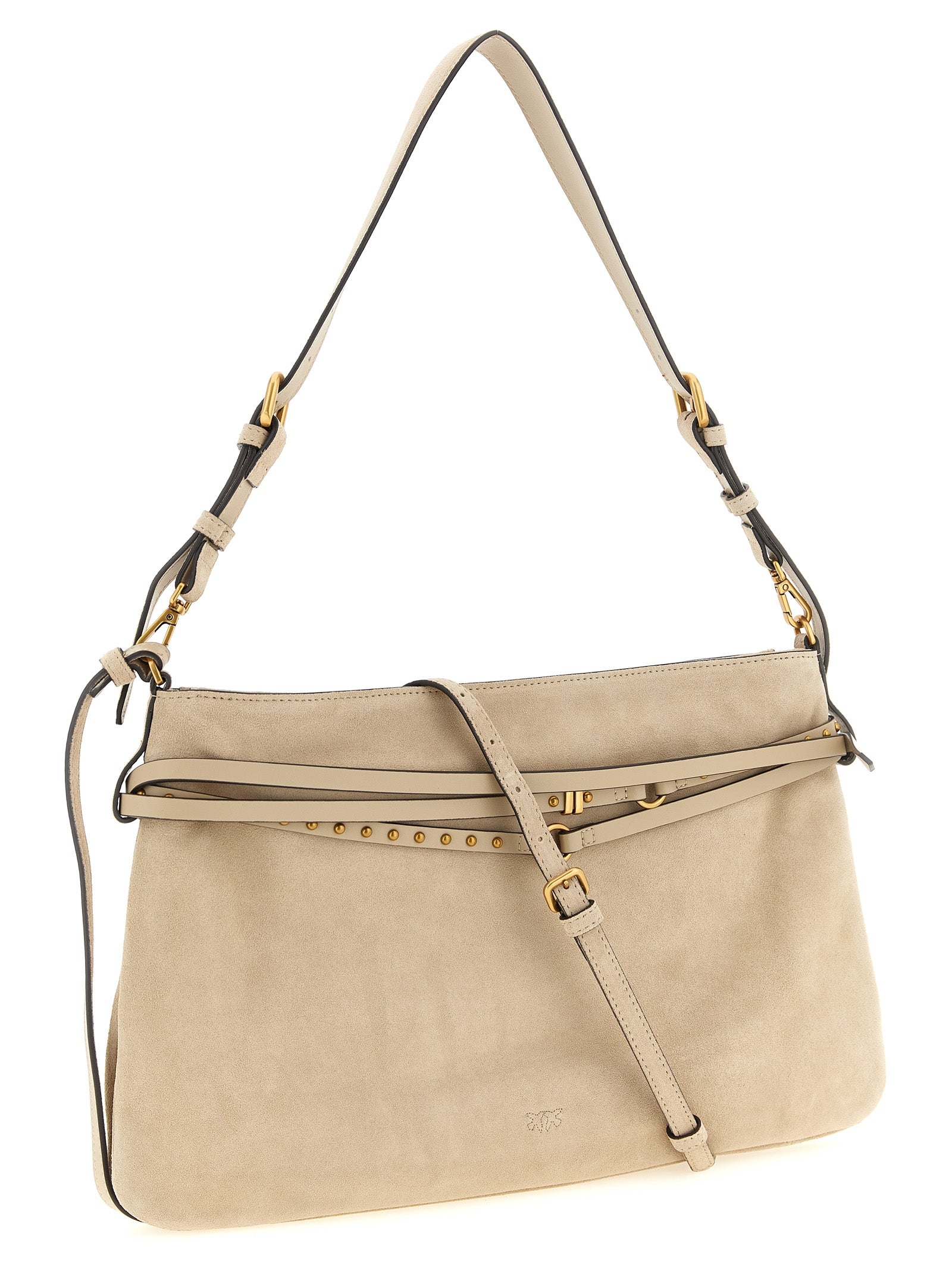 Shoulder Bag by PINKO for women in bos taurus calf suede leather beige presents a statuesque silhouette, showcasing a secure zipper & buckle and statuesque with versatile shoulder-strap, adjustable-strap, belt-strap & handle for a sophisticated look.