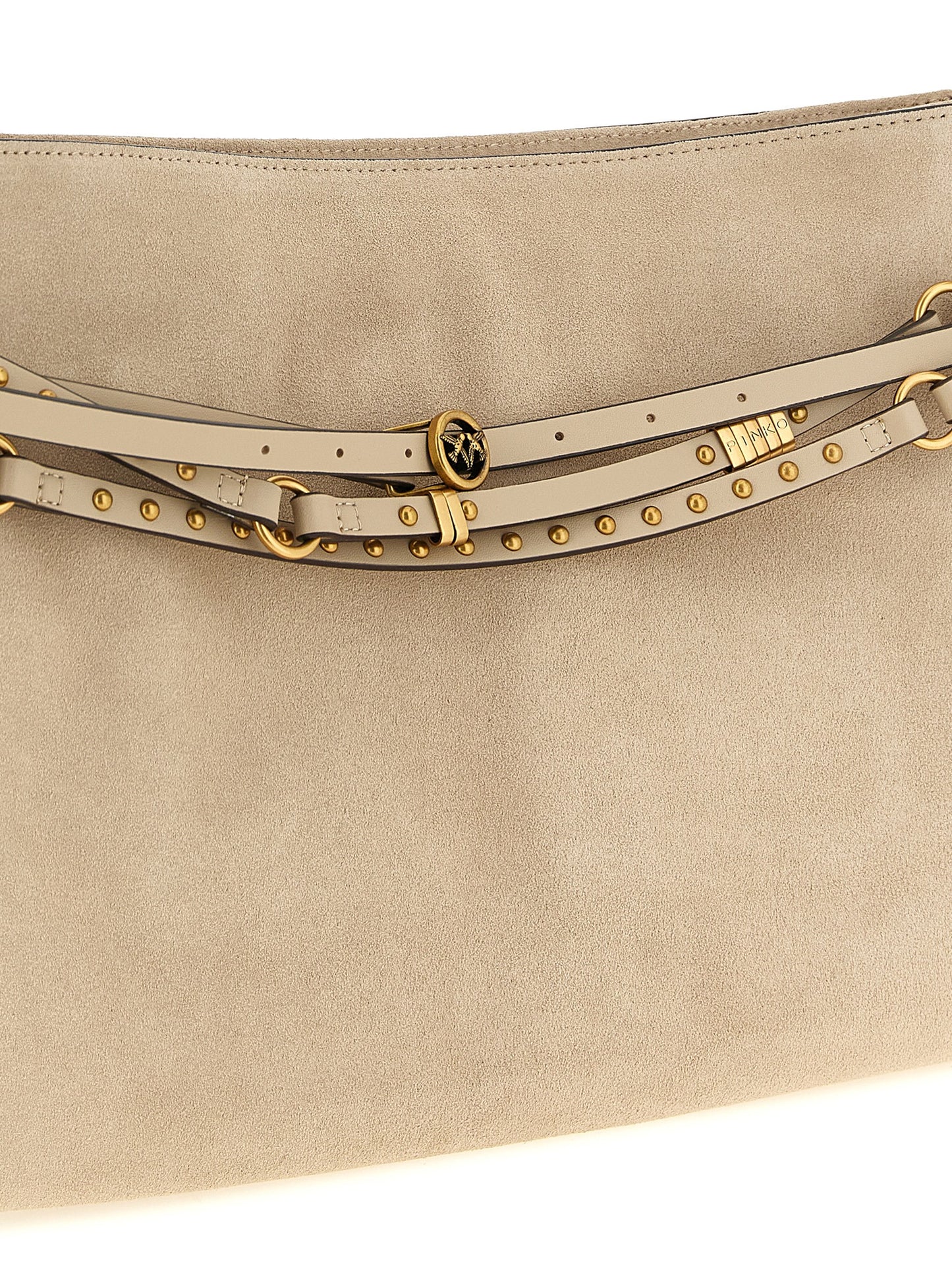 Shoulder Bag by PINKO for women in bos taurus calf suede leather beige showcases a statuesque silhouette, artfully detailed with a secure zipper & buckle, organized , and versatile shoulder-strap, adjustable-strap, belt-strap & handle for a statuesque look.