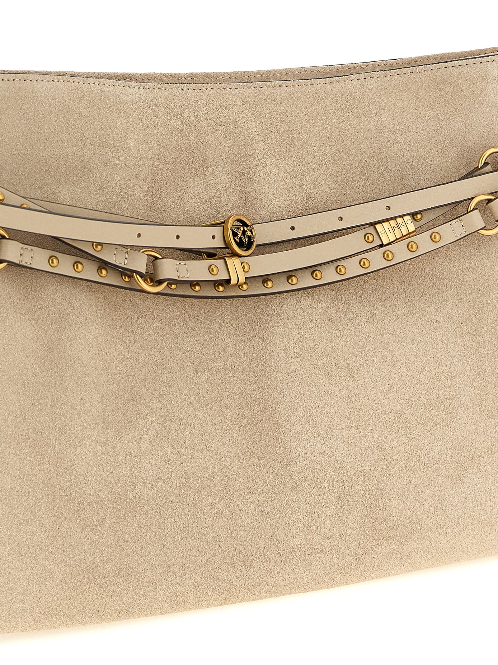 Shoulder Bag by PINKO for women in bos taurus calf suede leather beige showcases a statuesque silhouette, artfully detailed with a secure zipper & buckle, organized , and versatile shoulder-strap, adjustable-strap, belt-strap & handle for a statuesque look.