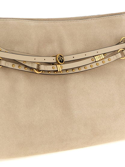 Shoulder Bag by PINKO for women in bos taurus calf suede leather beige showcases a statuesque silhouette, artfully detailed with a secure zipper & buckle, organized , and versatile shoulder-strap, adjustable-strap, belt-strap & handle for a statuesque look.