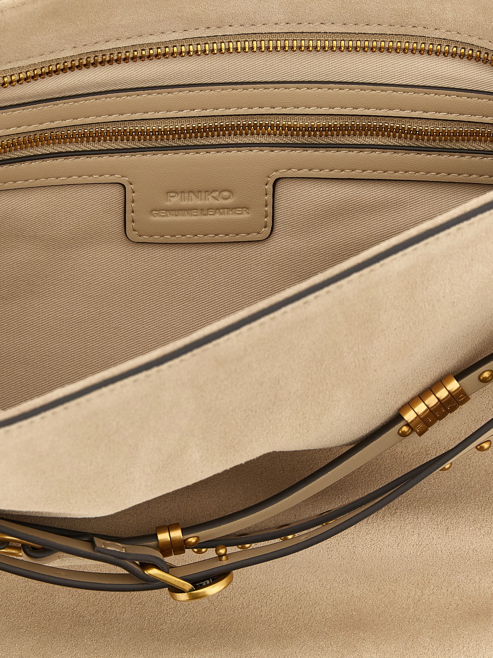 Shoulder Bag by PINKO for women in bos taurus calf suede leather beige features a effortless chic silhouette with a secure zipper & buckle, ample , and versatile shoulder-strap, adjustable-strap, belt-strap & handle for a effortless chic finish.