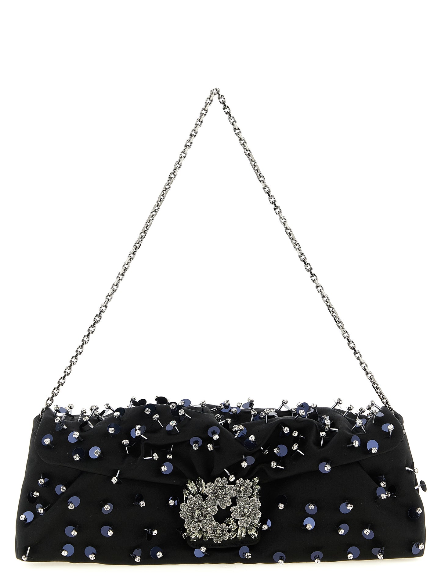 Flap Clutch Handbag by Roger Vivier for women in polyurethane black & floral features a sculptural silhouette with a secure flap, magnetic & buckle, organized , and versatile for a sculptural finish.