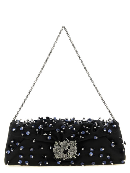 Flap Clutch Handbag by Roger Vivier for women in polyurethane black & floral features a sculptural silhouette with a secure flap, magnetic & buckle, organized , and versatile for a sculptural finish.