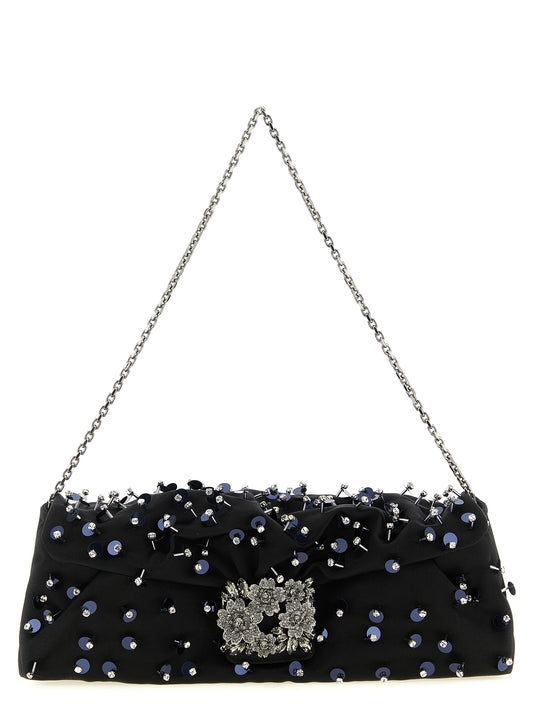 Flap Clutch Handbag by Roger Vivier for women in polyurethane black & floral features a sculptural silhouette with a secure flap, magnetic & buckle, organized , and versatile for a sculptural finish.