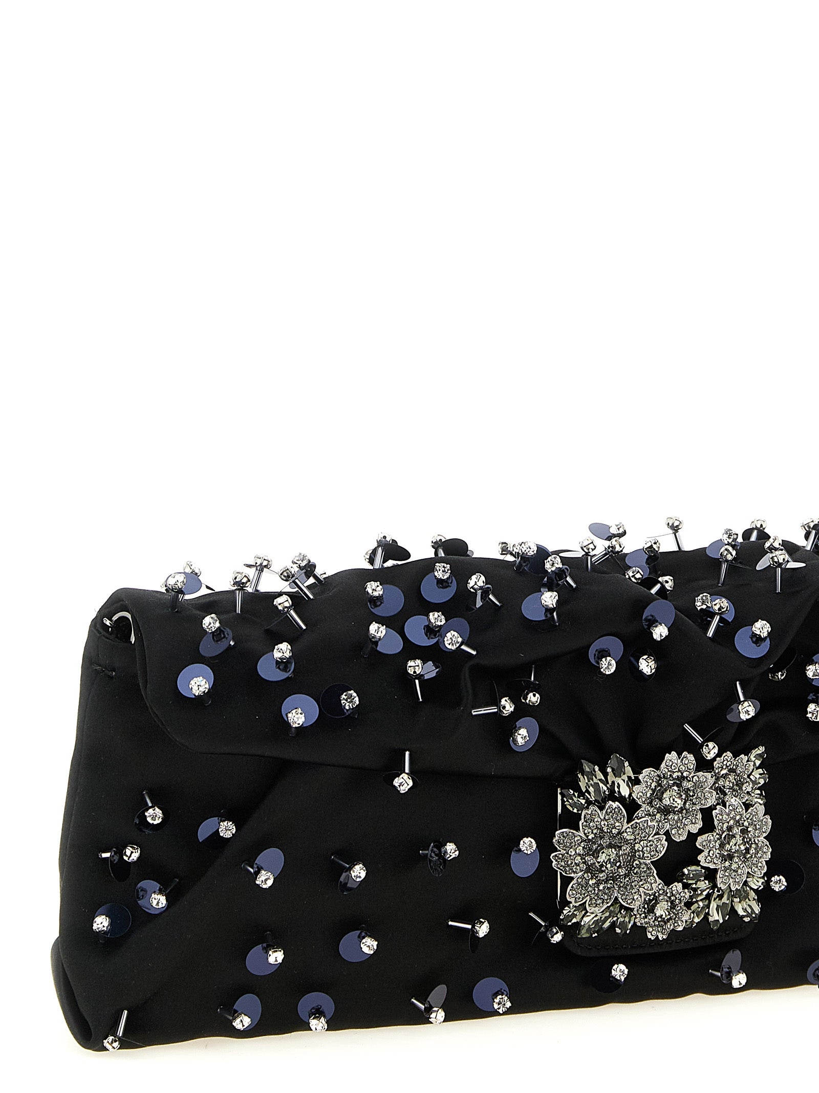 Flap Clutch Handbag by Roger Vivier for women in polyurethane black & floral showcases a sculptural silhouette, featuring a secure flap, magnetic & buckle, ample , and versatile for a sculptural aesthetic.
