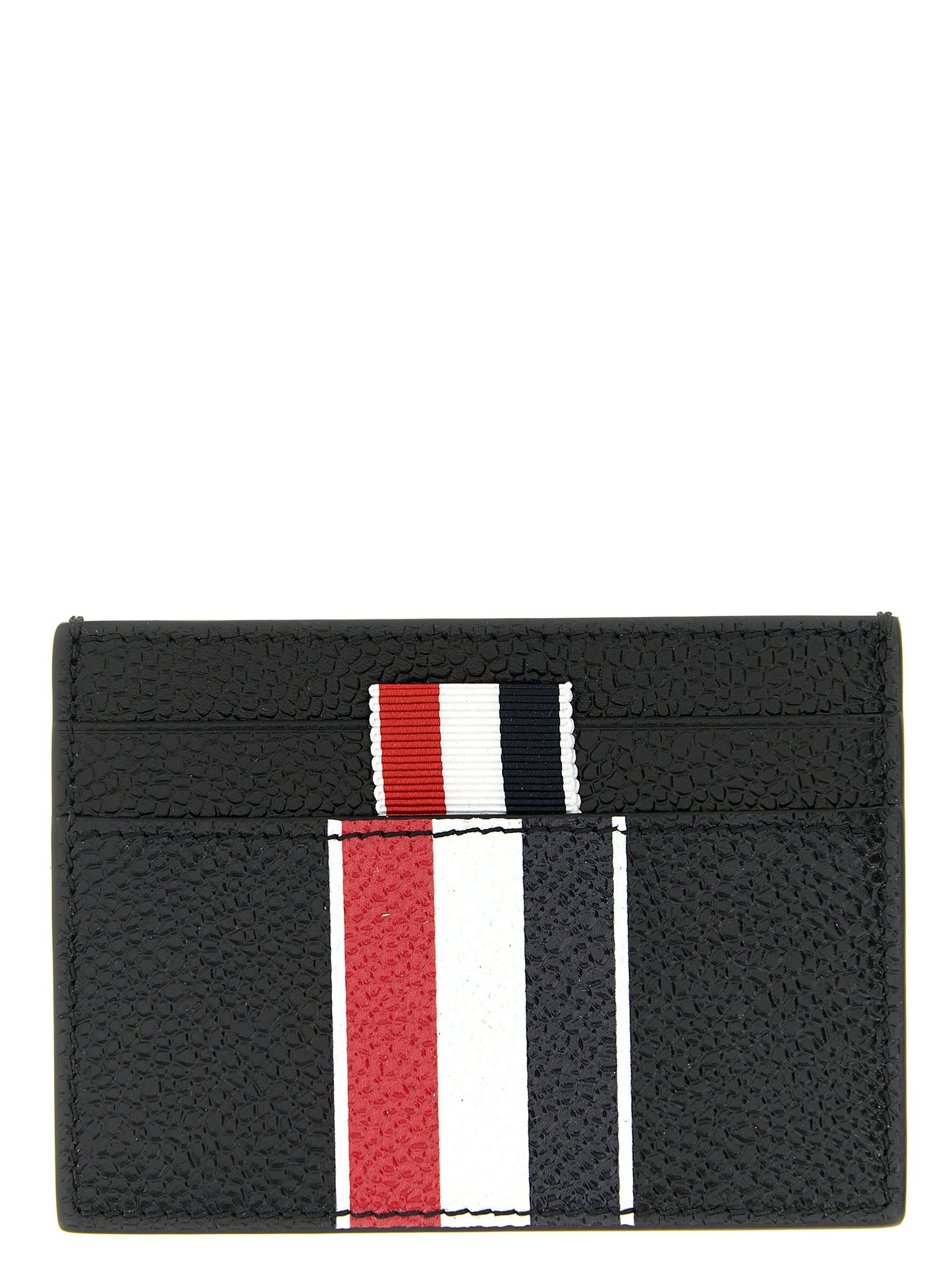 Cardholder Card Case by Thom Browne for men in calfskin leather black, signature & print features a sleek silhouette, showcasing the sleek design of the Calfskin Leather Cardholder Card Case with functional card-organization for a premium look.