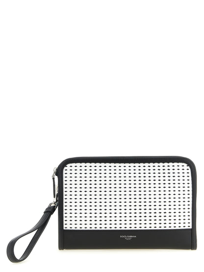 Clutch Handbag by Dolce & Gabbana for unisex in bos taurus calf suede leather bicolour, black, palladium & white features a sculptural silhouette with a secure zipper, ample , and versatile handle for a sculptural finish.