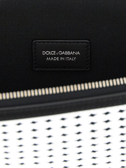 Clutch Handbag by Dolce & Gabbana for unisex in bos taurus calf suede leather bicolour, black, palladium & white showcases a sculptural silhouette, featuring a secure zipper, ample , and versatile handle for a sculptural finish.