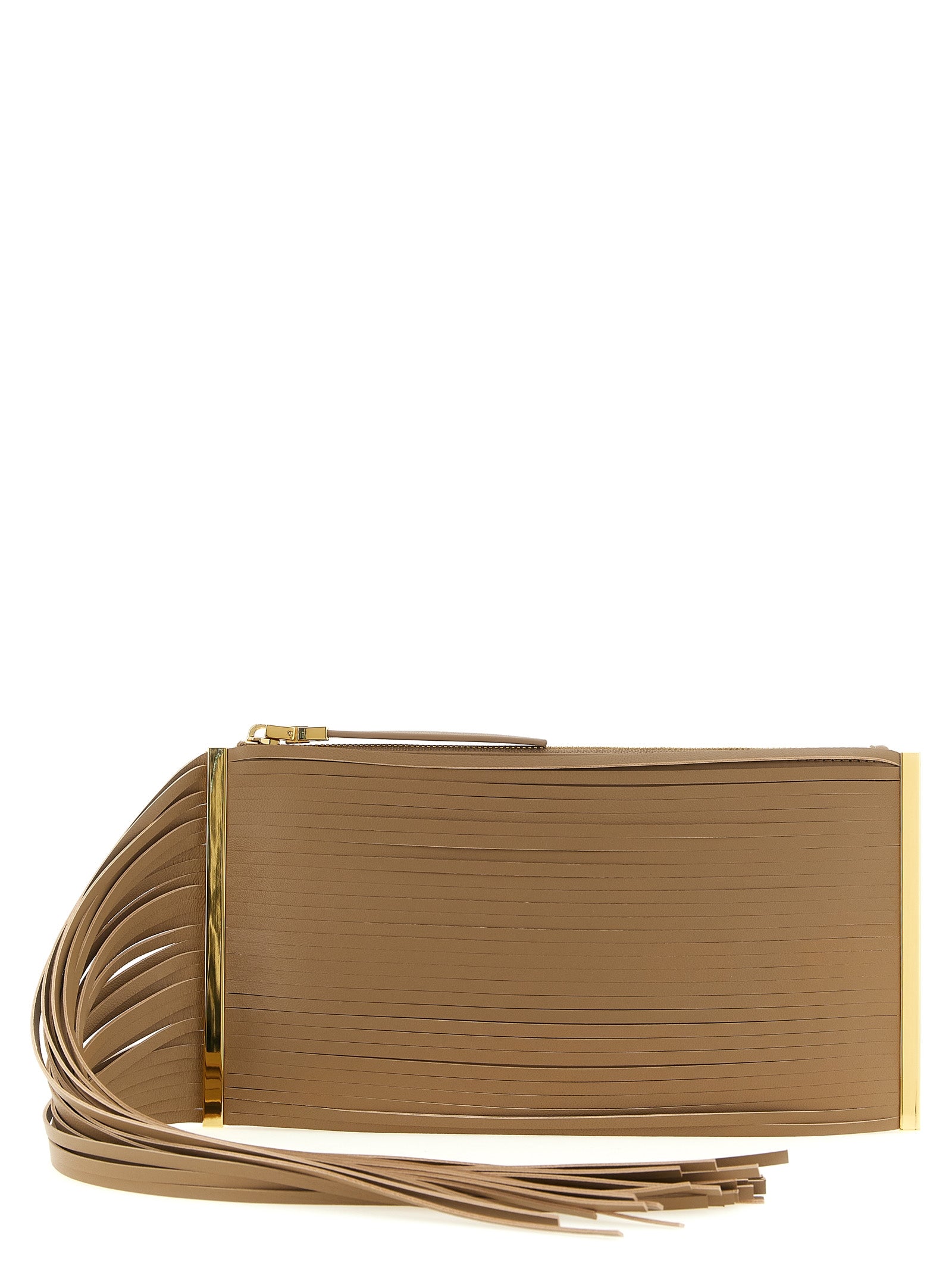 Clutch Handbag by Elisabetta Franchi for women in leather & metal beige features an sculptural silhouette, showcasing a secure zipper and sculptural with versatile shoulder-strap for a sophisticated look.