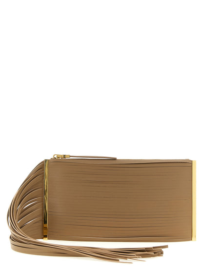 Clutch Handbag by Elisabetta Franchi for women in leather & metal beige features an sculptural silhouette, showcasing a secure zipper and sculptural with versatile shoulder-strap for a sophisticated look.