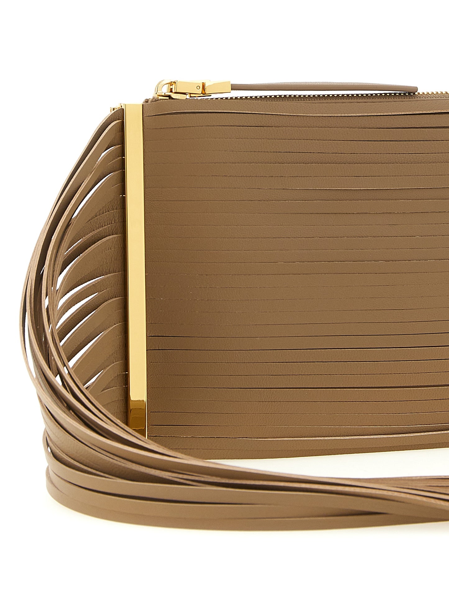 Clutch Handbag by Elisabetta Franchi for women in leather & metal beige features a statuesque silhouette, showcasing a secure zipper and organized with versatile shoulder-strap for statuesque evening wear.