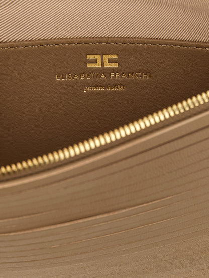 Clutch Handbag by Elisabetta Franchi for women in leather & metal beige showcases a sculptural silhouette, featuring a secure zipper, ample , and versatile shoulder-strap for a sculptural aesthetic.