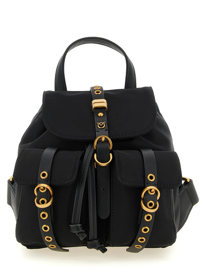 Mini Drawstring Flap Backpack by PINKO for women in cotton & leather black presents a stately Love Birds Cotton & Leather Mini Drawstring Flap Backpack design, showcasing a secure flap & drawstring with ample external-pockets and versatile handle, backpack-strap & adjustable-strap for a stately finish.