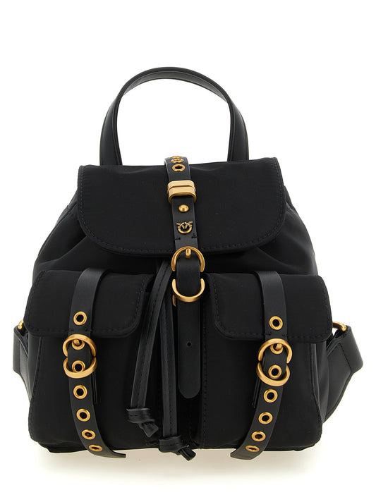 Mini Drawstring Flap Backpack by PINKO for women in cotton & leather black presents a stately Love Birds Cotton & Leather Mini Drawstring Flap Backpack design, showcasing a secure flap & drawstring with ample external-pockets and versatile handle, backpack-strap & adjustable-strap for a stately finish.