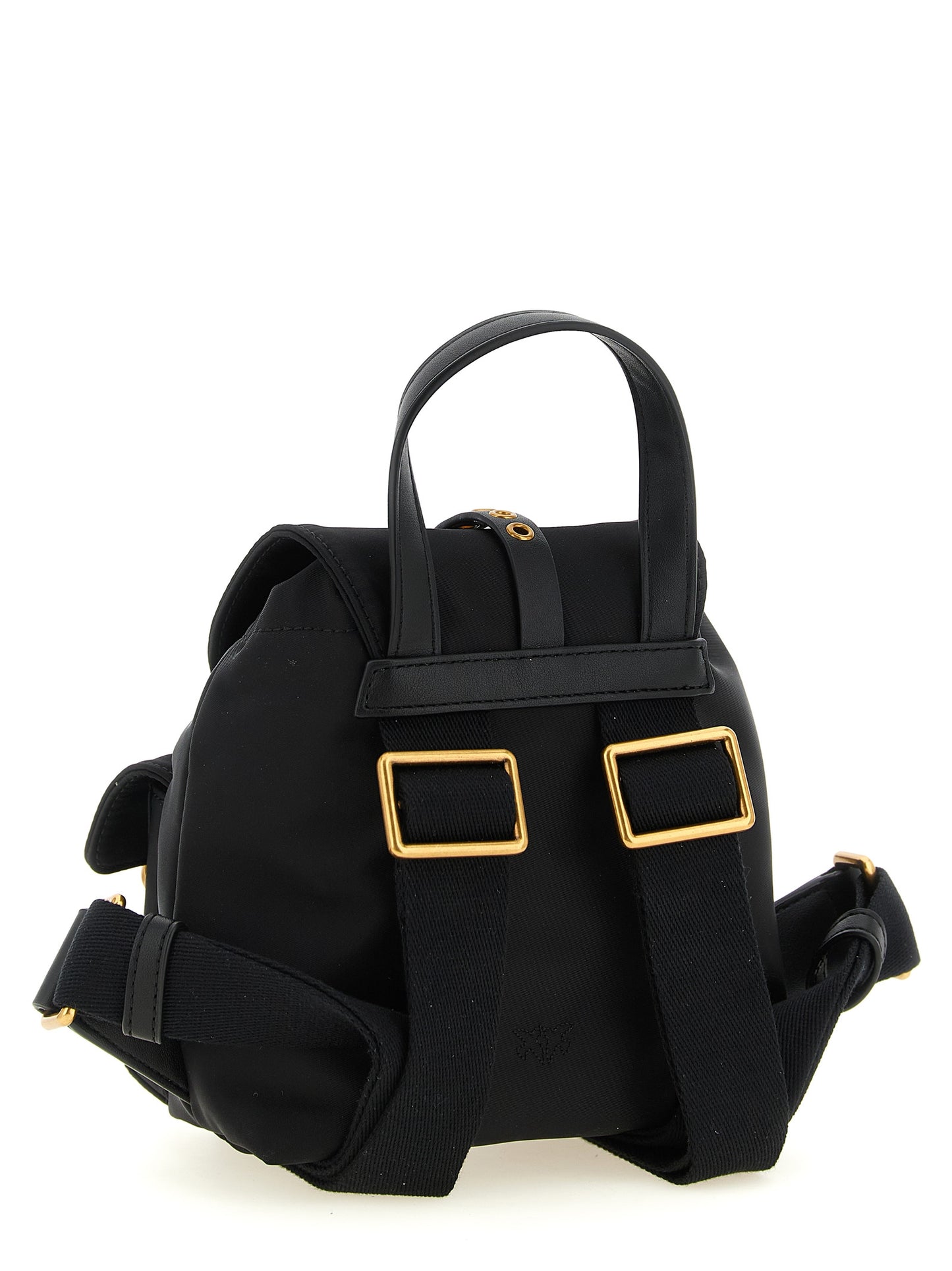 Mini Drawstring Flap Backpack by PINKO for women in cotton & leather black features a refined silhouette, showcasing the Love Birds Cotton & Leather Mini Drawstring Flap Backpack design with a secure flap & drawstring, ample external-pockets, and versatile handle, backpack-strap & adjustable-strap.