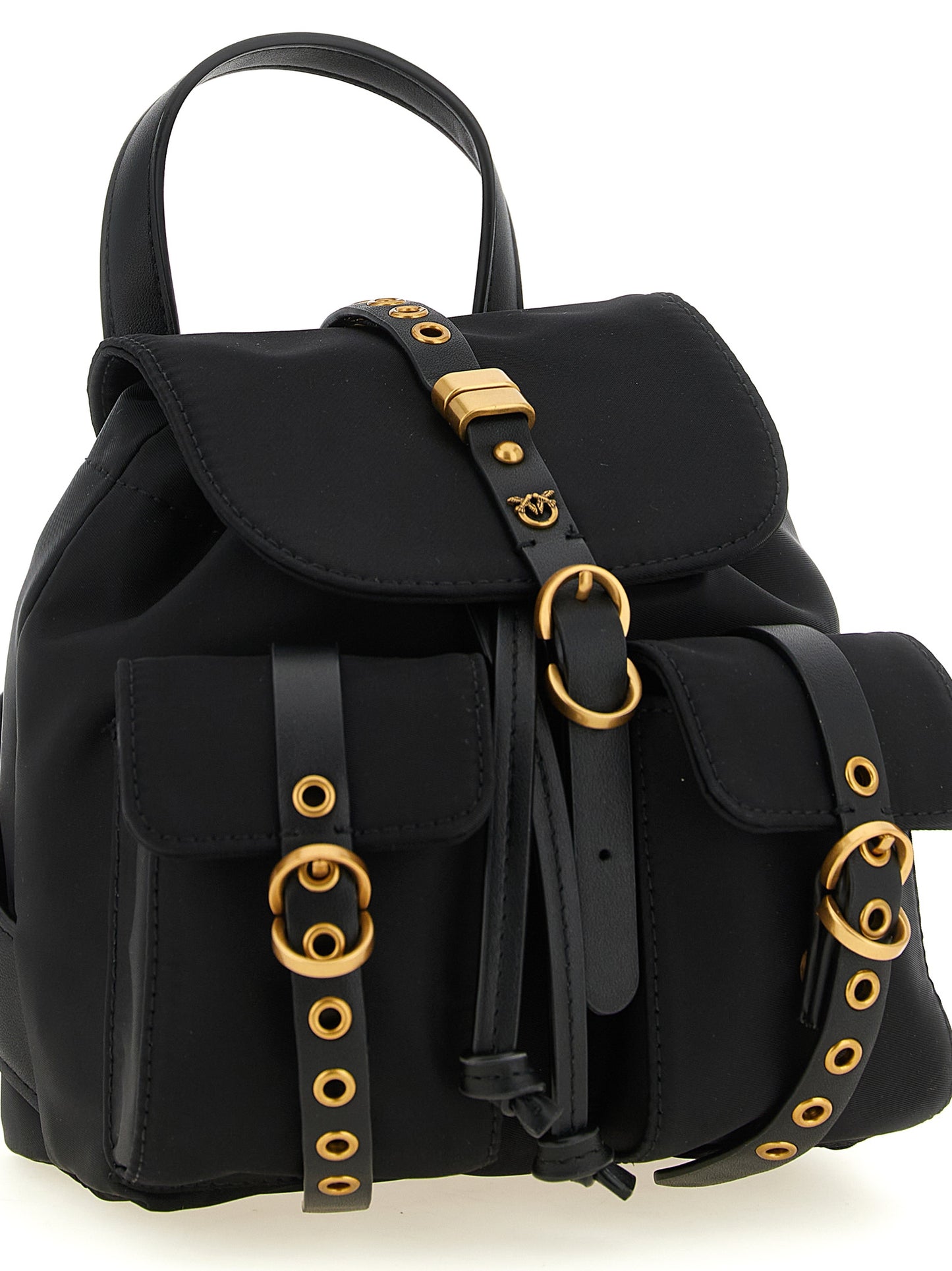 Mini Drawstring Flap Backpack by PINKO for women in cotton & leather black features an stately silhouette from the Love Birds Cotton & Leather Mini Drawstring Flap Backpack range, with a secure flap & drawstring, ample external-pockets, and versatile handle, backpack-strap & adjustable-strap.