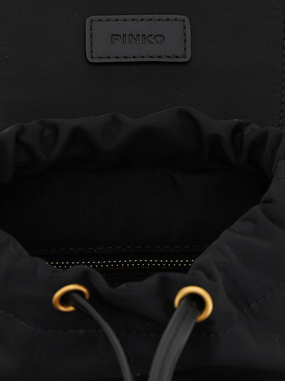 Mini Drawstring Flap Backpack by PINKO for women in cotton & leather black showcases a stately Love Birds Cotton & Leather Mini Drawstring Flap Backpack design, featuring a secure flap & drawstring with stately external-pockets and versatile handle, backpack-strap & adjustable-strap.