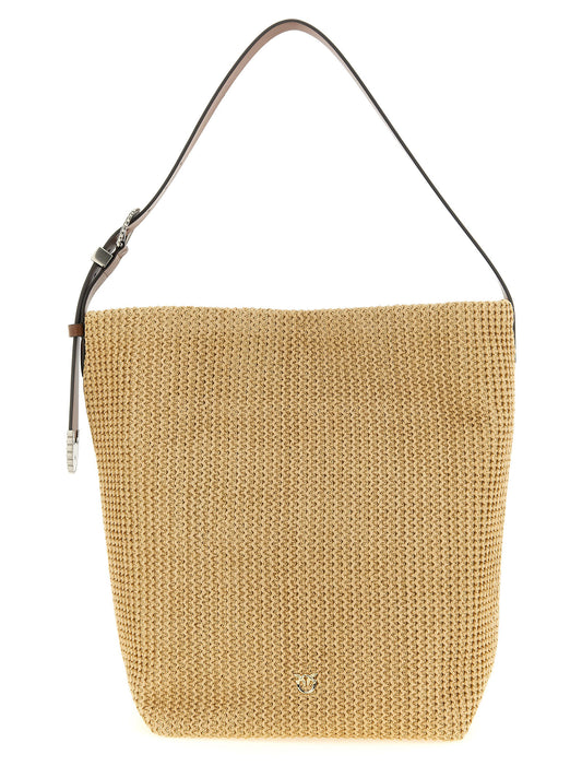 Shoulder Bucket Bag by PINKO for women in bos taurus calf suede leather beige features a effortless chic silhouette with a secure buckle, ample , and versatile shoulder-strap & adjustable-strap for a effortless chic finish.