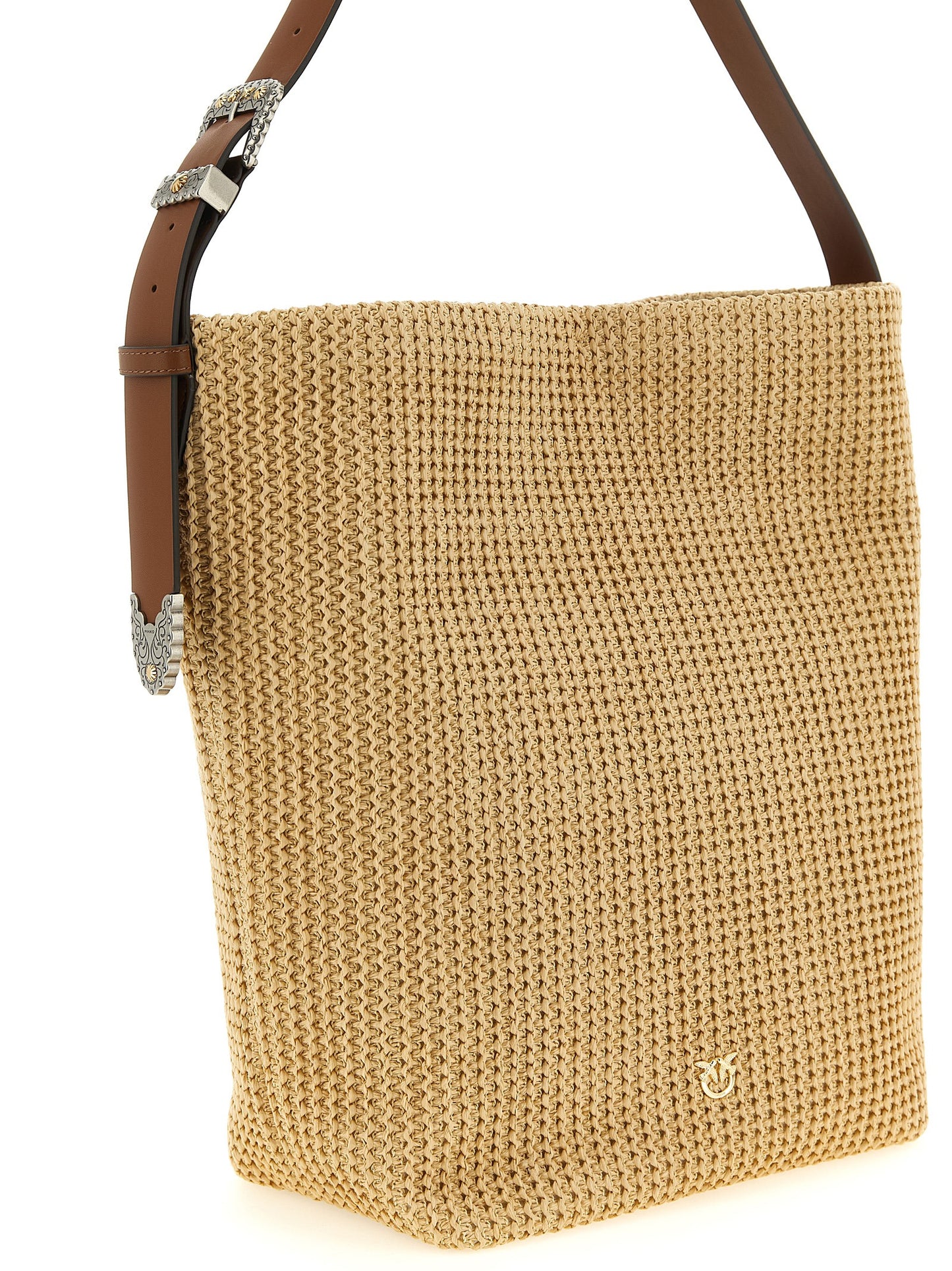 Shoulder Bucket Bag by PINKO for women in bos taurus calf suede leather beige presents a statuesque silhouette, showcasing a secure buckle and statuesque with versatile shoulder-strap & adjustable-strap for a sophisticated look.
