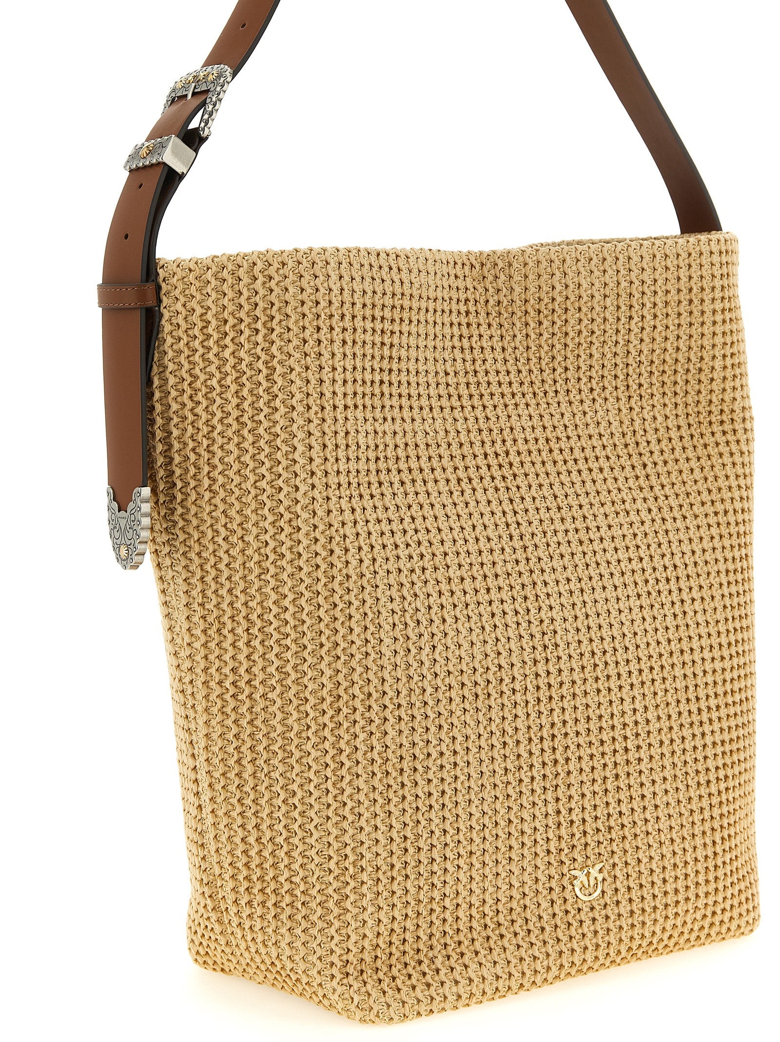 Shoulder Bucket Bag by PINKO for women in bos taurus calf suede leather beige presents a statuesque silhouette, showcasing a secure buckle and statuesque with versatile shoulder-strap & adjustable-strap for a sophisticated look.