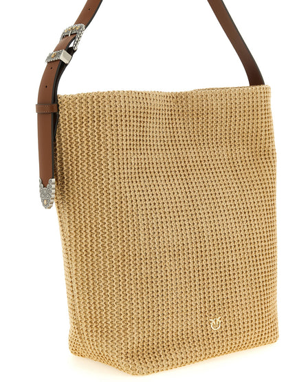Shoulder Bucket Bag by PINKO for women in bos taurus calf suede leather beige presents a statuesque silhouette, showcasing a secure buckle and statuesque with versatile shoulder-strap & adjustable-strap for a sophisticated look.