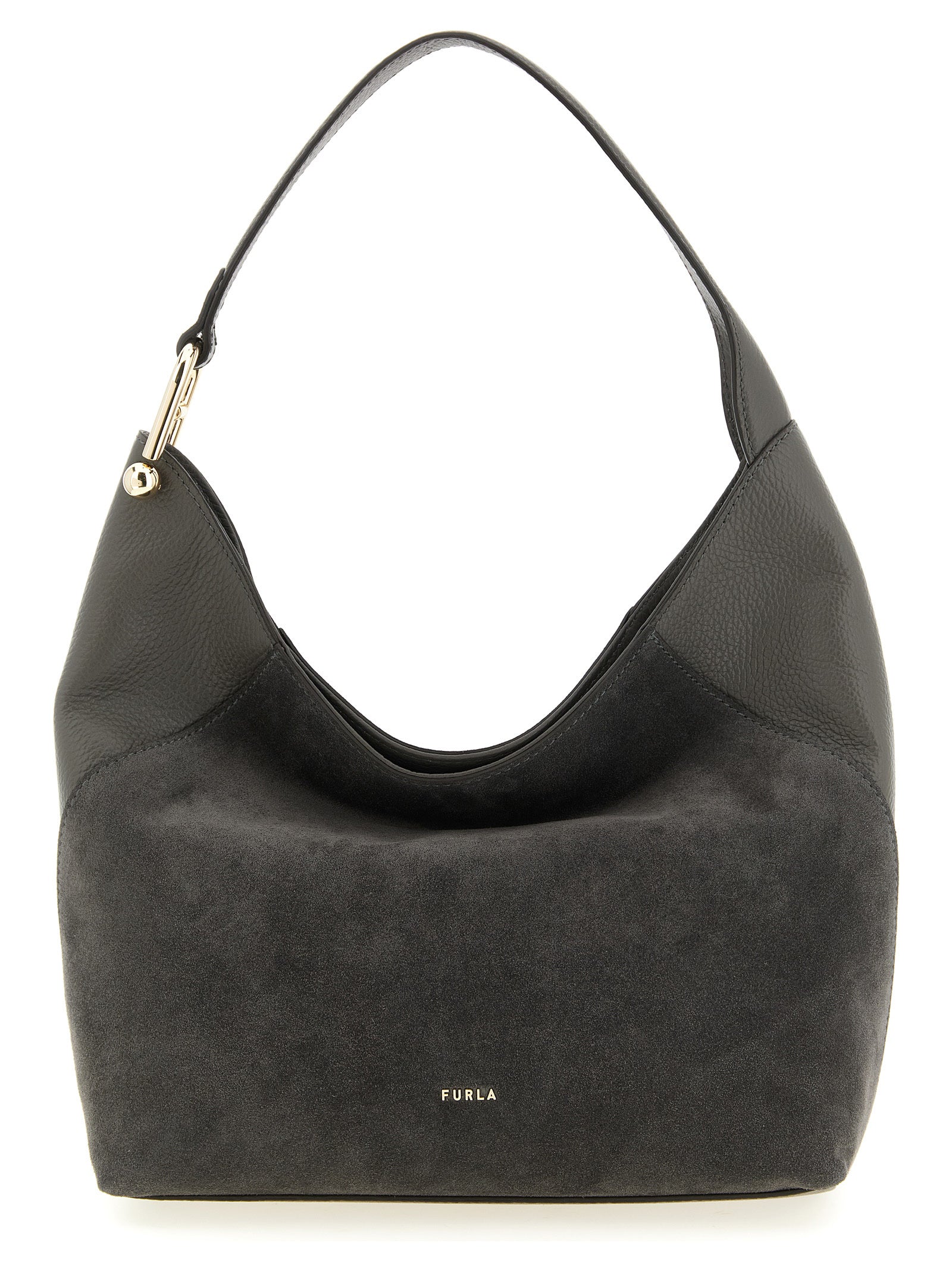 Medium Shoulder Bag by Furla for women in calfskin leather gray features a effortless sophistication silhouette, secured by a magnetic with ample and versatile shoulder-strap & handle for a effortless sophistication finish.