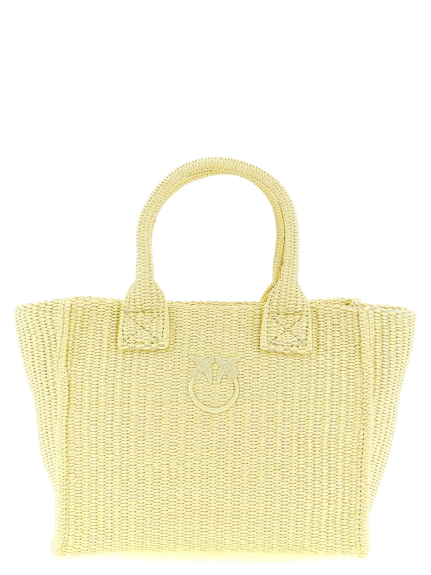 Mini Beach Shopper Tote Bag by PINKO for women in polyester polyurethane & polyethylene bicolour & yellow features an jet-set Love Birds Polyester Polyurethane & Polyethylene Mini Beach Shopper Tote Bag design with a secure zipper, ample , and versatile handle for an jet-set finish.