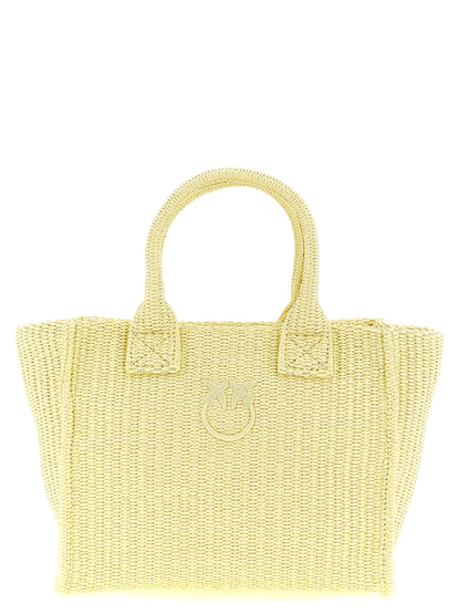 Mini Beach Shopper Tote Bag by PINKO for women in polyester polyurethane & polyethylene bicolour & yellow features an jet-set Love Birds Polyester Polyurethane & Polyethylene Mini Beach Shopper Tote Bag design with a secure zipper, ample , and versatile handle for an jet-set finish.
