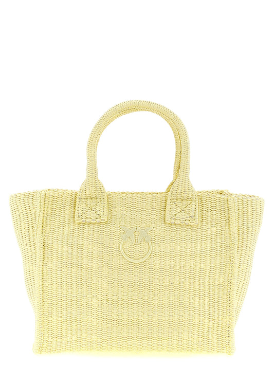 Mini Beach Shopper Tote Bag by PINKO for women in polyester polyurethane & polyethylene bicolour & yellow features an jet-set Love Birds Polyester Polyurethane & Polyethylene Mini Beach Shopper Tote Bag design with a secure zipper, ample , and versatile handle for an jet-set finish.