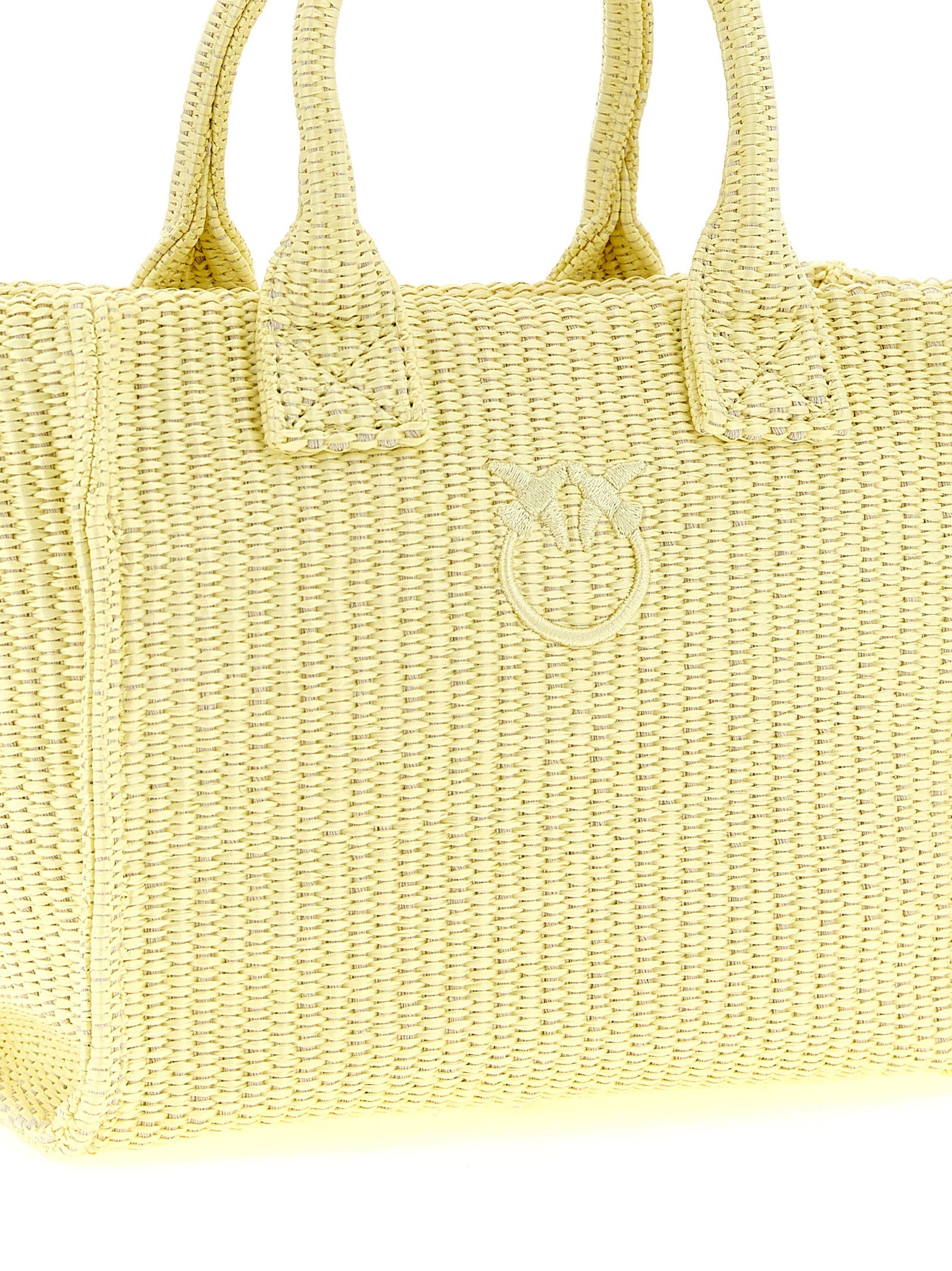 Mini Beach Shopper Tote Bag by PINKO for women in polyester polyurethane & polyethylene bicolour & yellow showcases a statuesque Love Birds Polyester Polyurethane & Polyethylene Mini Beach Shopper Tote Bag design, featuring a secure zipper, ample , and versatile handle for a statuesque finish.