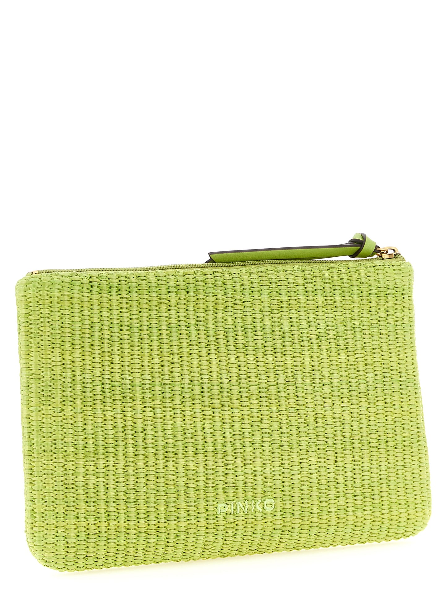 Clutch Handbag by PINKO for women in cotton polyester bicolour & green features a sculptural silhouette with a secure zipper, organized , and versatile for a sculptural finish.
