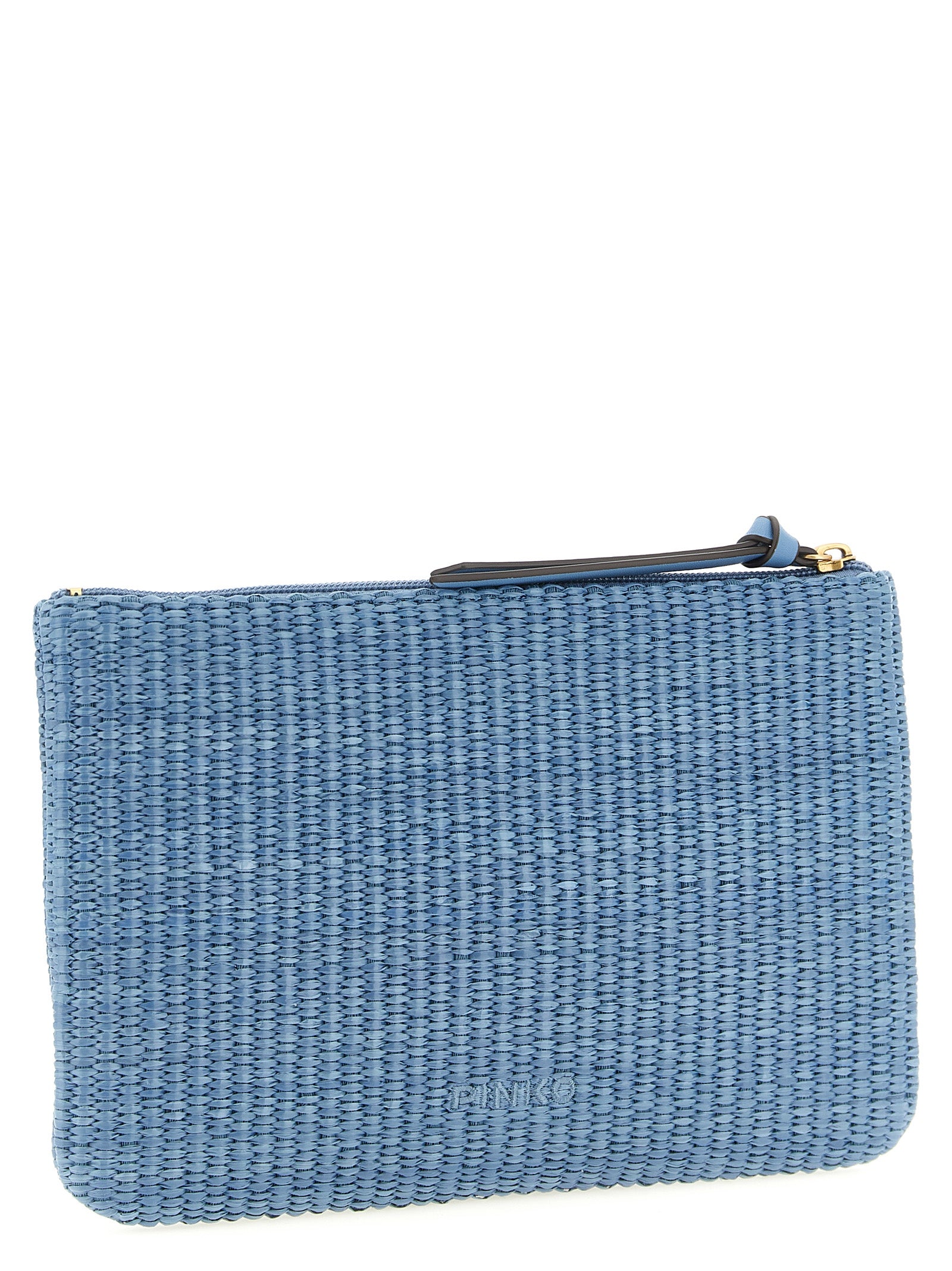 Clutch Handbag by PINKO for women in cotton polyester light-blue features a sculptural silhouette with a secure zipper, ample , and versatile for a sculptural finish.