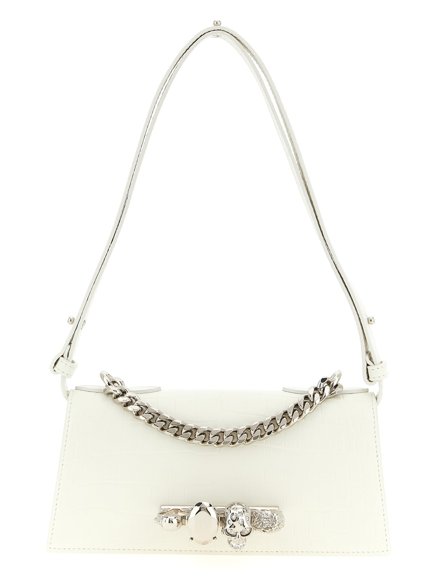 Mini Shoulder Flap Bag by Alexander McQueen for women in calfskin leather white, signature & print presents a statuesque silhouette, showcasing a secure flap & magnetic and statuesque with versatile shoulder-strap, adjustable-strap & handle for a sophisticated look.
