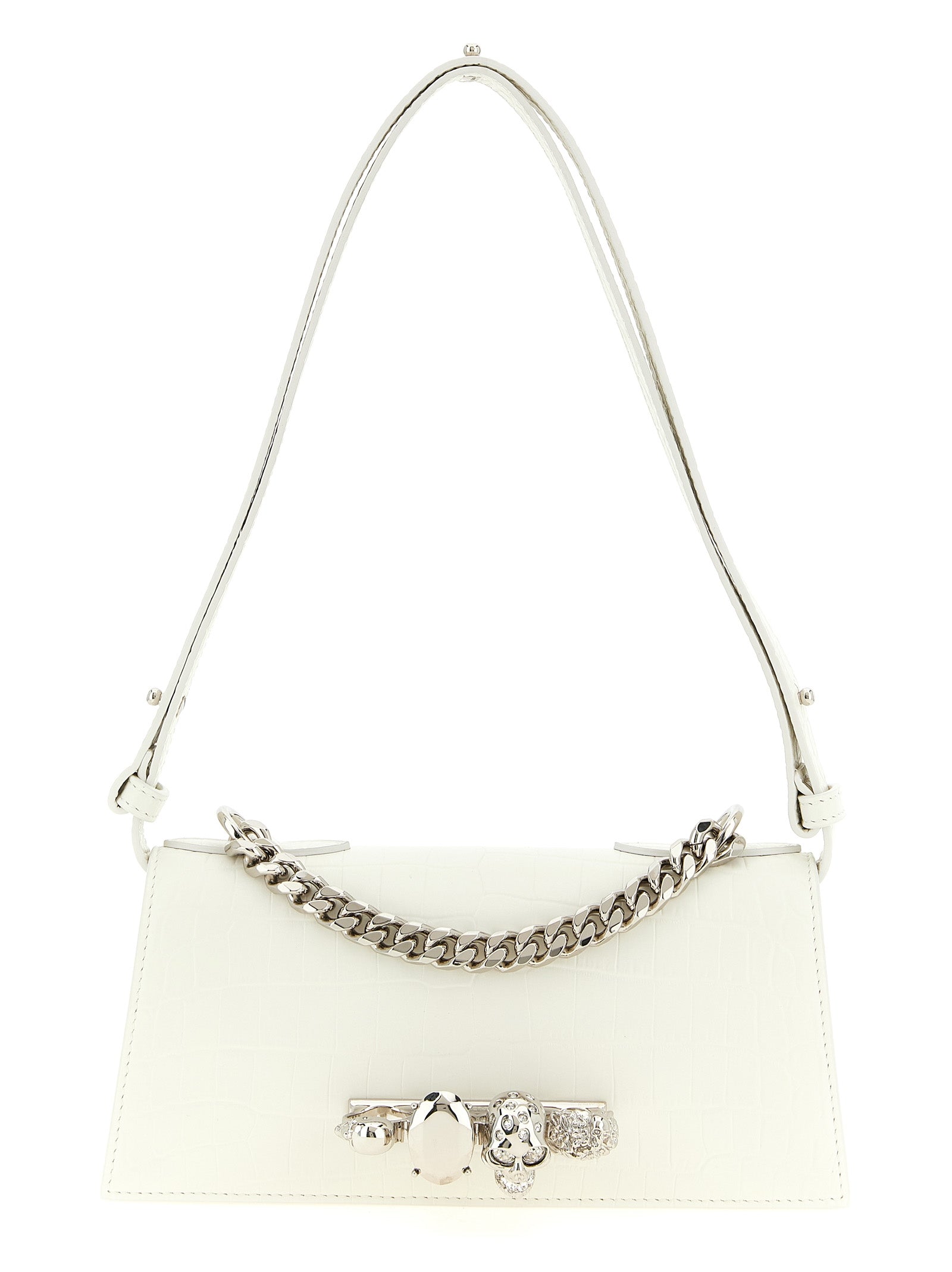 Mini Shoulder Flap Bag by Alexander McQueen for women in calfskin leather white, signature & print presents a statuesque silhouette, showcasing a secure flap & magnetic and statuesque with versatile shoulder-strap, adjustable-strap & handle for a sophisticated look.